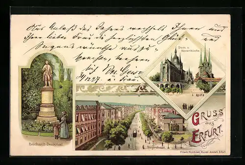 Lithographie Erfurt, Dom und Severikirche, Steigerstrasse