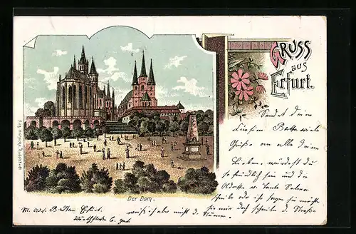 Lithographie Erfurt, Der Dom mit Passanten