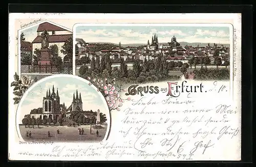 Lithographie Erfurt, Dom und Severikirche, Lutherdenkmal, Panorama