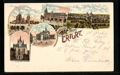 Lithographie Erfurt, Rathaus, Dom und St. Severi, Totalansicht