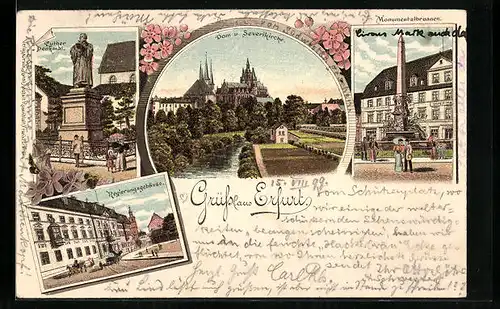 Lithographie Erfurt, Dom und Severinkirche, Regierungsgebäude, Monumentalbrunnen