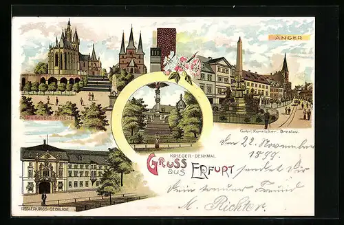 Lithographie Erfurt, Dom u. Severi-Kirche, Regierungs-Gebäude, Krieger-Denkmal