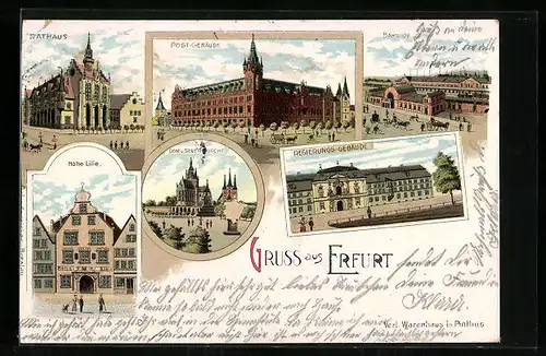 Lithographie Erfurt, Bahnhof, Hohe Lilie, Rathaus, Post-Gebäude