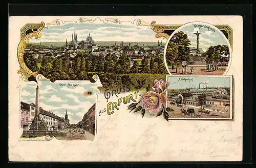 Lithographie Erfurt, Der Anger, Bahnhof