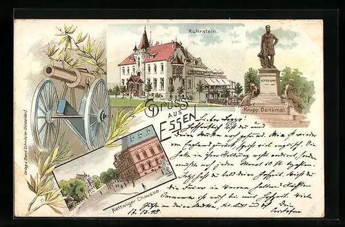 Lithographie Essen, Ruhrstein, Krupp Denkmal, Kettwiger Chaussee