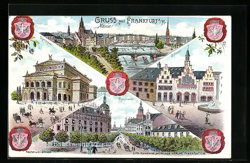 Lithographie Frankfurt a. M., Römer, Rossmarkt, Opernhaus