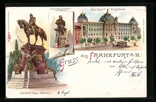 Lithographie Frankfurt a. M., Denkmal Kaiser Wilhelm I., Neues Kaiserl. Postgebäude mit Strassenbahn