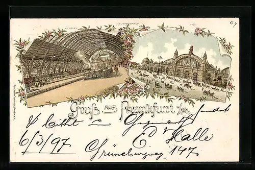 Lithographie Frankfurt a. M., Hauptbahnhof mit Innenansicht