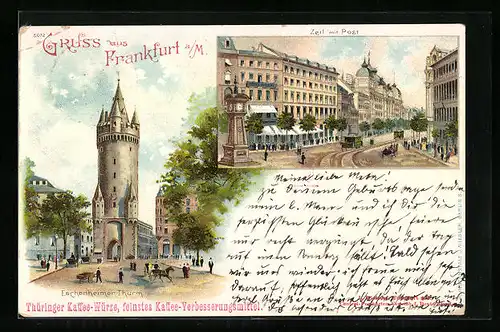 Lithographie Frankfurt a /M., Eschenheimer Turm, Zeil mit Post und Pferdebahn