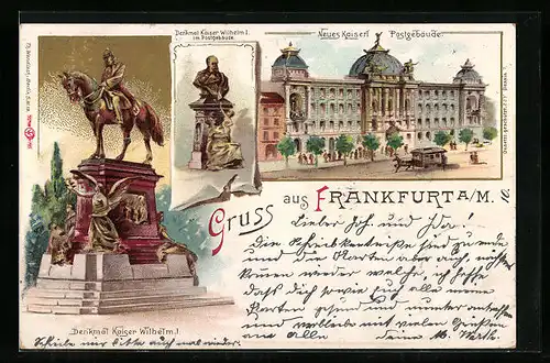 Lithographie Frankfurt a. M., Denkmal Kaiser Wilhelm I., Neues Kaiserl. Postgebäude