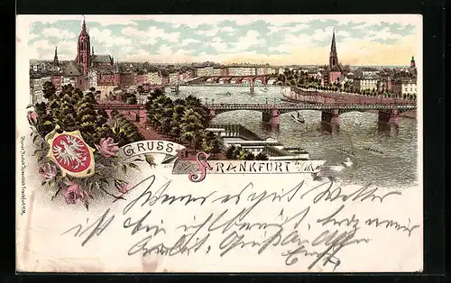 Lithographie Frankfurt a. M., Totalansicht mit Flusspartie
