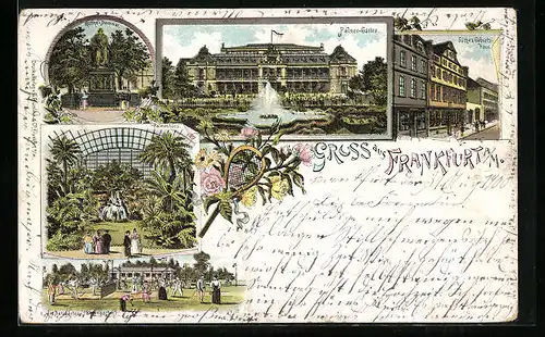 Lithographie Frankfurt a. M., Palmen-Garten, Inneres Palmenhaus, Göthe-Denkmal