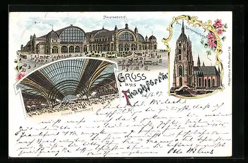 Lithographie Frankfurt a. M., Hauptbahnhof mit Halle, Dom