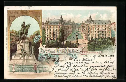 Lithographie Frankfurt a. M., Denkmal Kaiser Wilhelm I., Kaiserstrasse