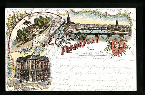 Lithographie Frankfurt a. M., Hauptbahnhof, Warenhaus, Denkmal Kaiser Wilhelm