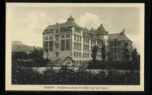 AK Coburg, Heiligkreuzschule mit Blick nach der Veste