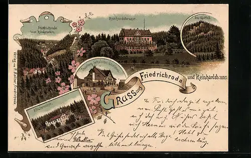 Lithographie Friedrichroda, Gesamtansicht vom Klinkenstein, Reinhardsbrunn, Gottlob, Klostermühle