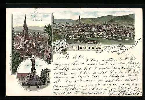 Lithographie Freiburg i. Br., Münster, Sieges-Denkmal