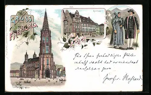 Lithographie Freiburg /Br., Münster, Rathaus, Trachten