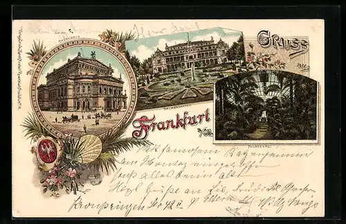 Lithographie Frankfurt a. M., Restaurant Palmengarten, Palmenhaus, Opernhaus