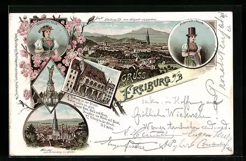 Lithographie Freiburg i. B., Ortsansicht, Münster und Mädchen in Tracht