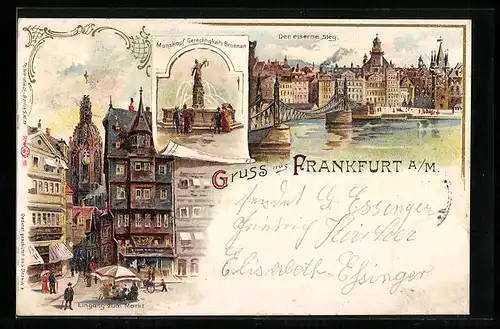 Lithographie Alt-Frankfurt, Der eiserne Steg, Manskopf Gerichtigkeits-Brunnen, Eingang zum Markt