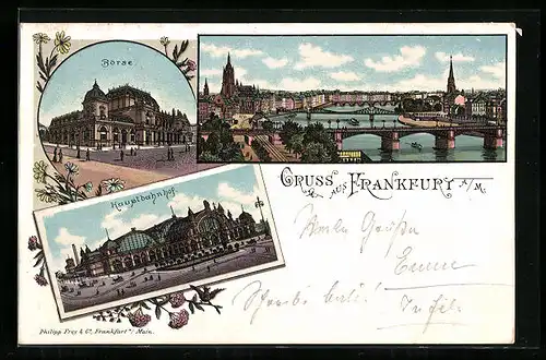 Lithographie Frankfurt a. M., Hauptbahnhof, Börse, Mainpanorama