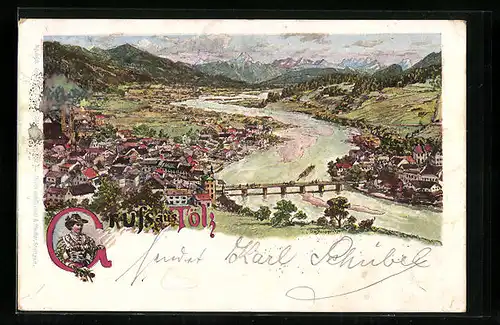 Lithographie Tölz, Blick auf die Stadt mit Brücke