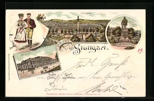 Lithographie Stuttgart, Königsbau, Schlossplatz, Herzog Christoph Denkmal, Tracht