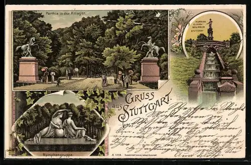 Lithographie Stuttgart, Nymphengruppe, Herzog Eugen Brunnen, Partie in den Anlagen