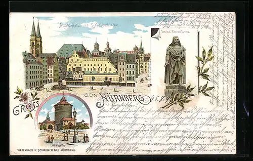 Lithographie Nürnberg, Marktplatz mit Sebalduskirche, Denkmal Albrecht Dürer, Ludwigsthor