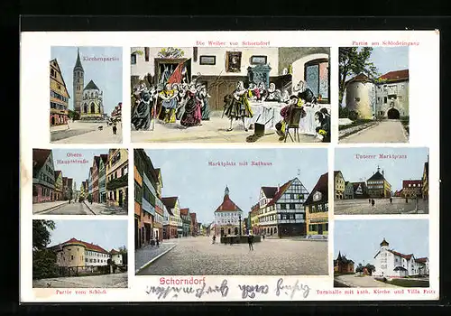 AK Schorndorf, Obere Hauptstrasse, Unterer Marktplatz, Turnhalle mit Villa Fritz, Rathaus, Weiber von Schorndorf