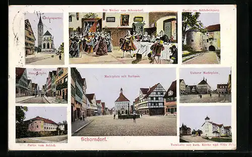 AK Schorndorf, Turnhalle mit Villa Fritz, Obere Hauptstrasse, Marktplatz mit Rathaus, Weiber von Schorndorf