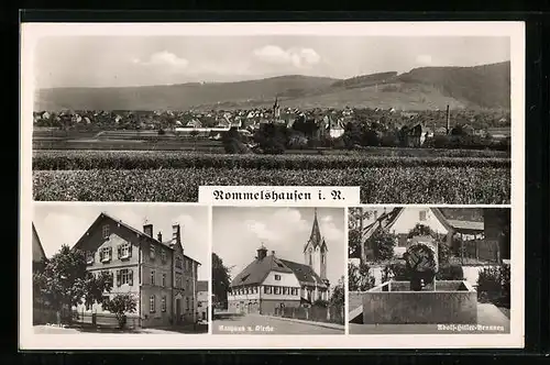 AK Rommelshausen i. R., Schule,  Brunnen, Rathaus mit Kirche