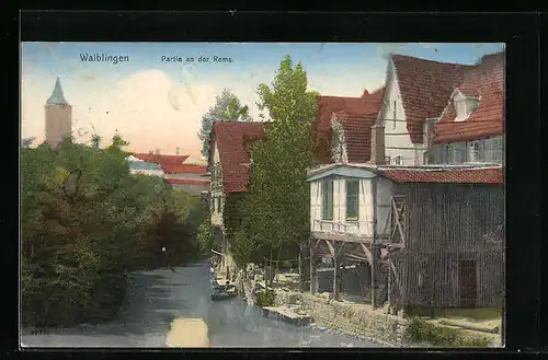 AK Waiblingen, Partie an der Rems mit Wohnhäusern