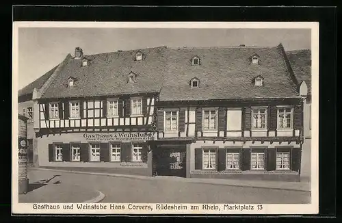 AK Rüdesheim am Rhein, Blick auf das Gasthaus und Weinstube Hans Corvers, Litfasssäule