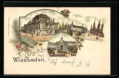 Lithographie Wiesbaden, Kochbrunnen Anlagen, Königliches Theater, Rathaus