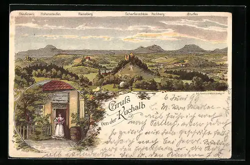 Lithographie Kuchalb, Gasthaus Kuchalb mit Blick in das Tal