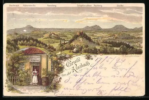 Lithographie Kuchalb, Blick in das Tal, Gasthaus Kuchalb