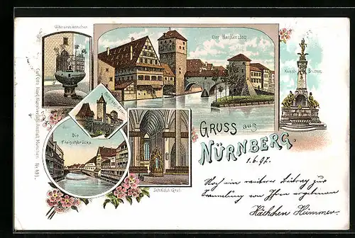 Lithographie Nürnberg, Henkersteg, Fleischbrücke, Kunstbrunnen, Gänsemännchenbrunnen