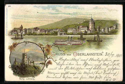 Lithographie Oberlahnstein, Burg Lahneck, Raddampfer, Blick auf die Stadt