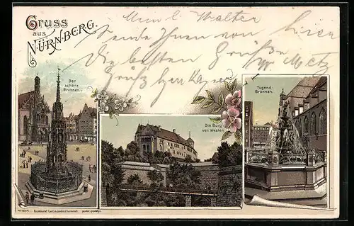 Lithographie Nürnberg, Tugend-Brunnen, der schöne Brunnen, Blick auf die Burg von Westen