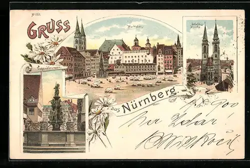 Lithographie Nürnberg, Markplatz, Tugendbrunnen, Sebalduskirche