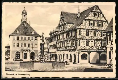 AK Schorndorf, Marktplatz mit Brunnen und Fachwerkhaus