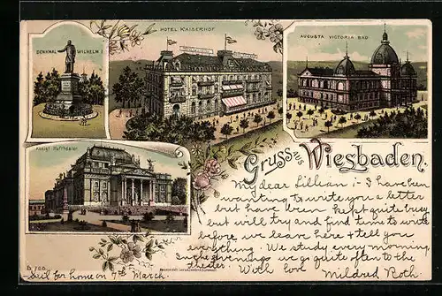 Lithographie Wiesbaden, Hotel Kaiserhof, Augusta Victoria Bad, Hoftheater, Wilhelm I. Denkmal