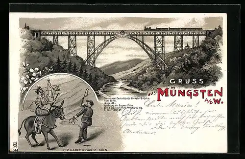 Lithographie Müngsten a. d. W., Kaiser-Wilhelm-Brücke / Müngstener Brücke, Esel