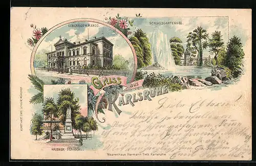 Lithographie Karlsruhe, Generalcommando, Kriegerdenkmal, Schlossgartensee