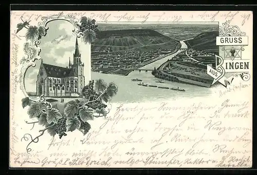 Lithographie Bingen a. Rh., Rochus Kapelle, Panorama