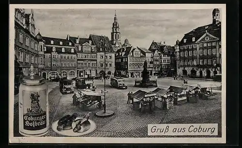 AK Coburg, Markplatz mit Buden, Reisebusse, Coburger Hofbräu Humpen