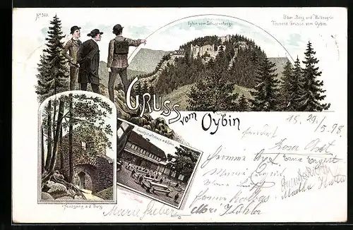 Lithographie Oybin, Gasthaus Gesellschaftshaus, Ruine auf dem Oybin